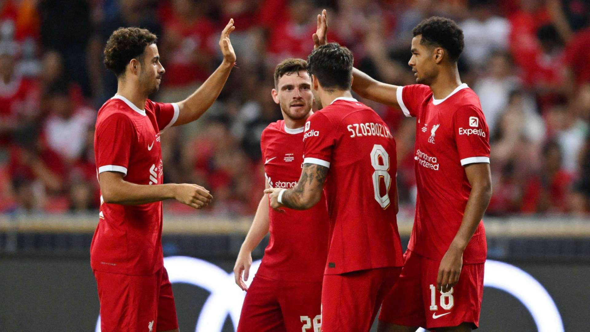 Liverpool celebrating Cody Gakpo goal against Bayern Munich