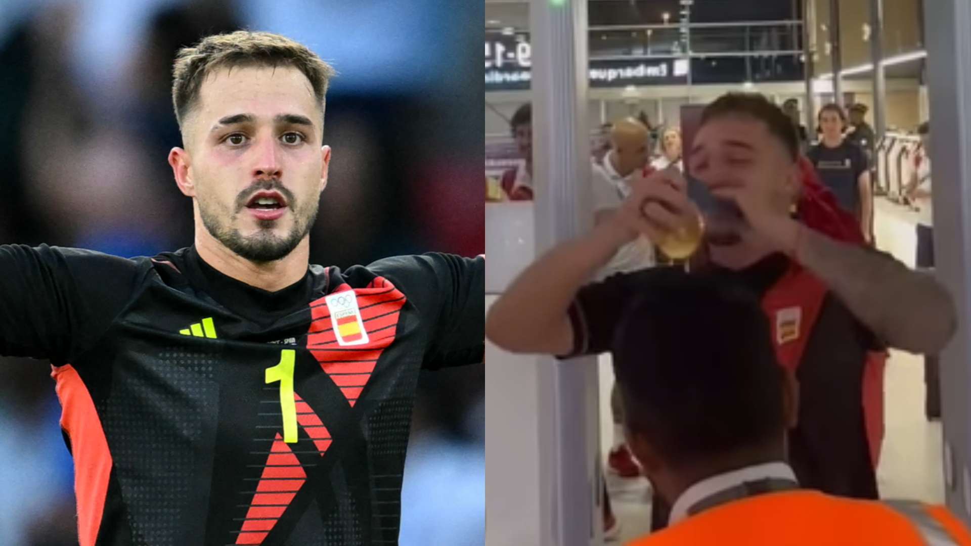 Spain keeper Arnau Tenas parades his Olympic gold medal at airport security